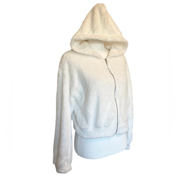 White Hooded Super Soft Cropped Teddy Zip Up Jacket Women’s Small - Picture 4 of 14